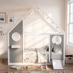 Twin House Bed with Slide, Ball Light Strip, Gray