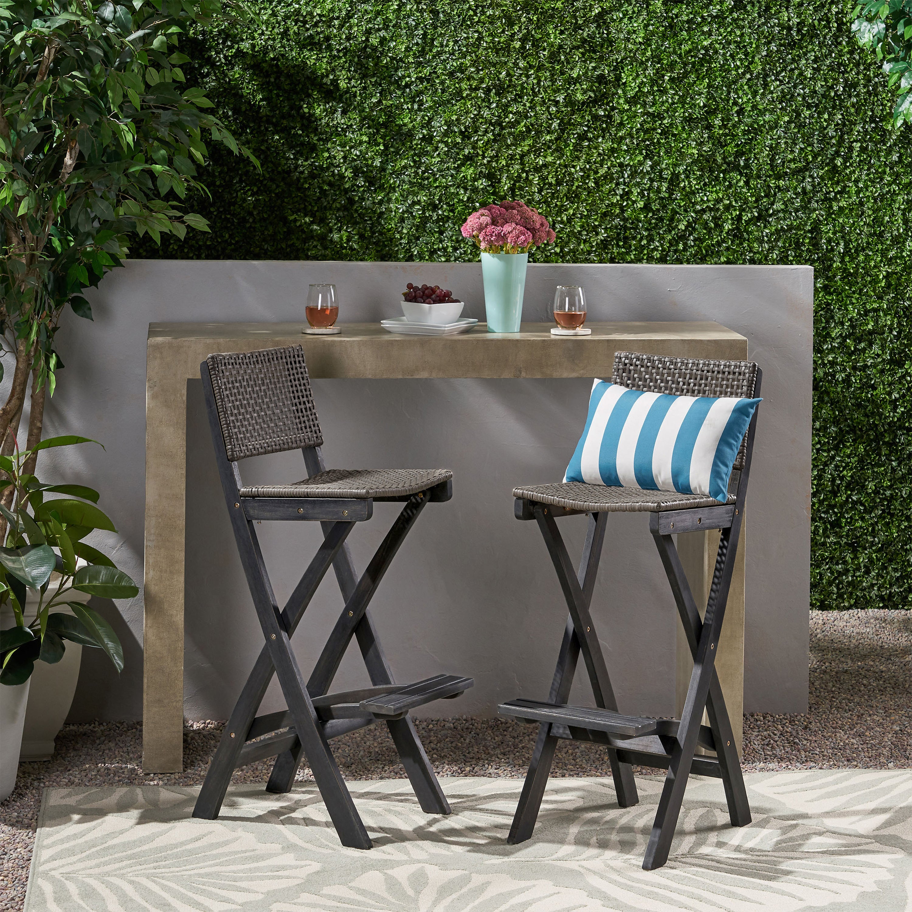 41.75" Outdoor Folding Acacia Wood Barstools