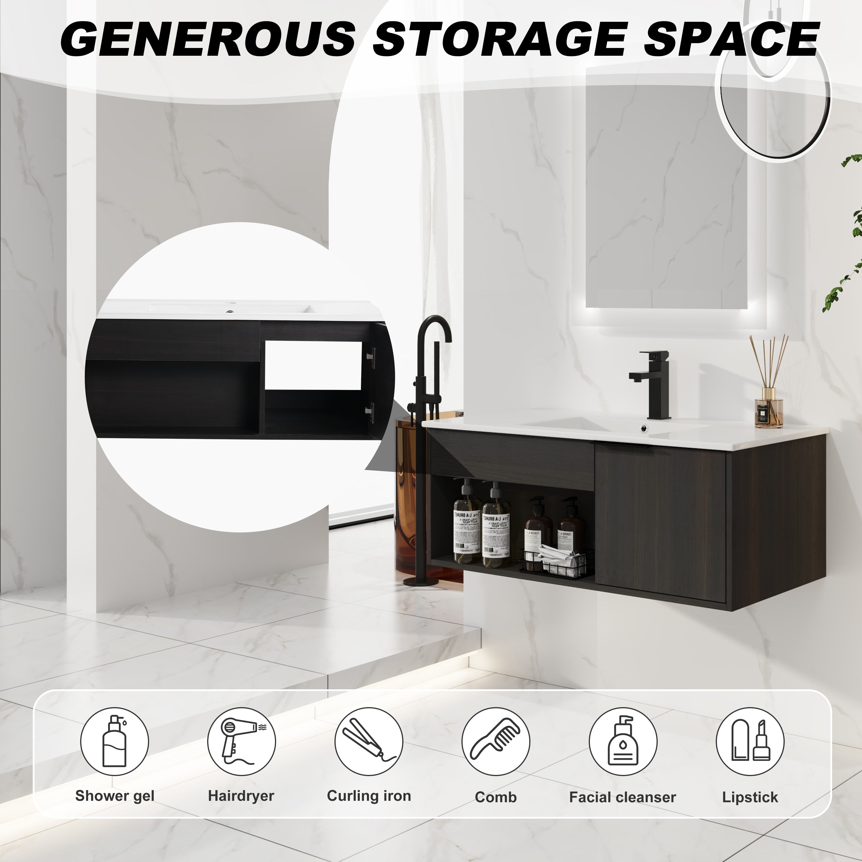 36" Wall-Mounted Floating Bathroom Vanity with Ceramic Sink – Modern Dark