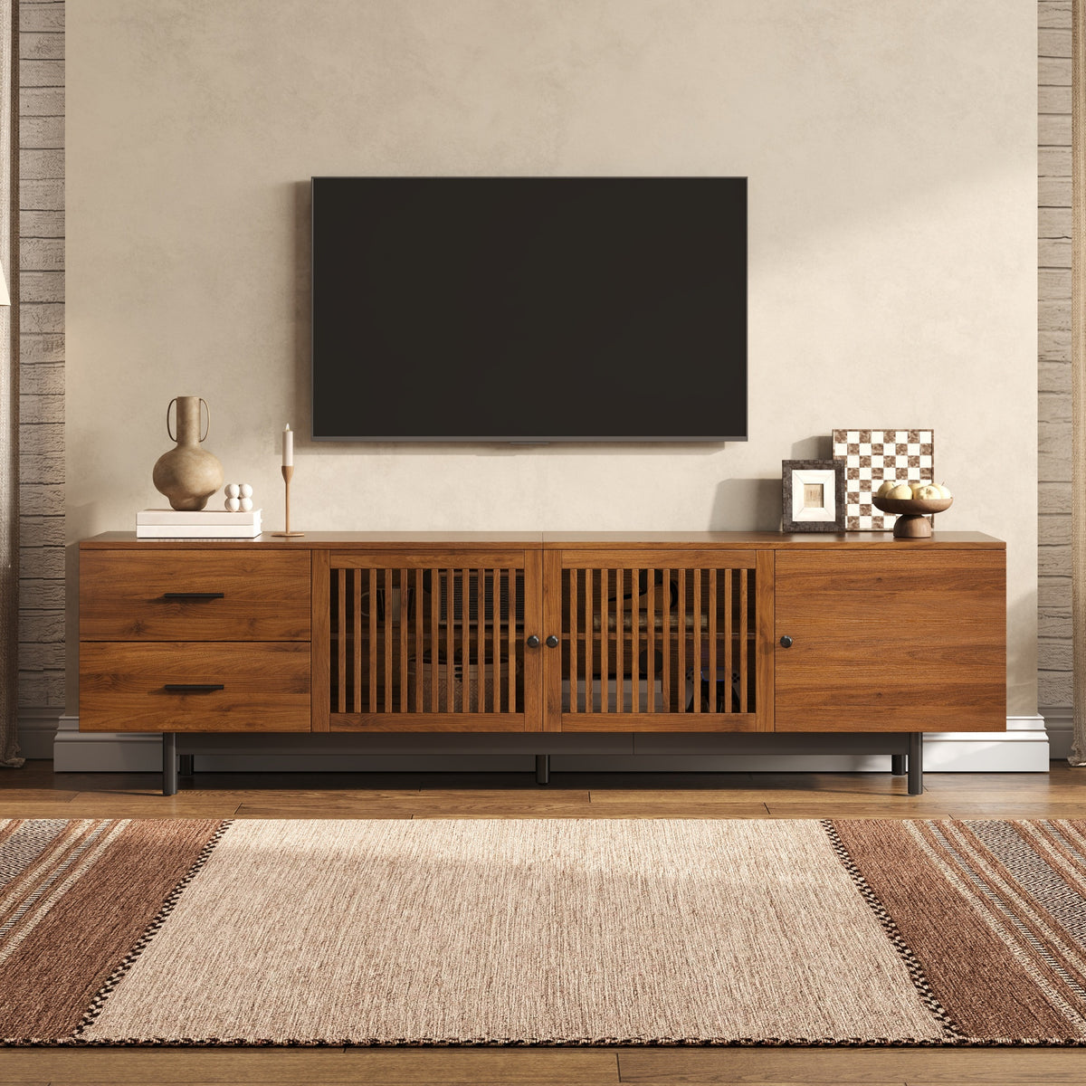 78-Inch TV Stand for 75–85 Inch TVs, Walnut MDF Media Console with Soft-Close Drawers