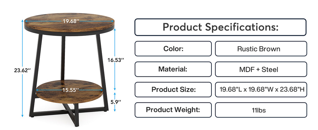 19.68" Industrial End Table with Storage Shelf – 2-Tier Round Side Table