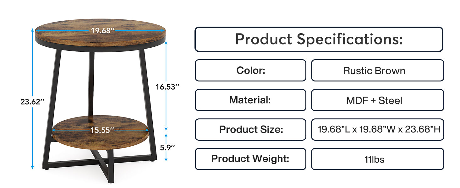 19.68" Industrial End Table with Storage Shelf – 2-Tier Round Side Table