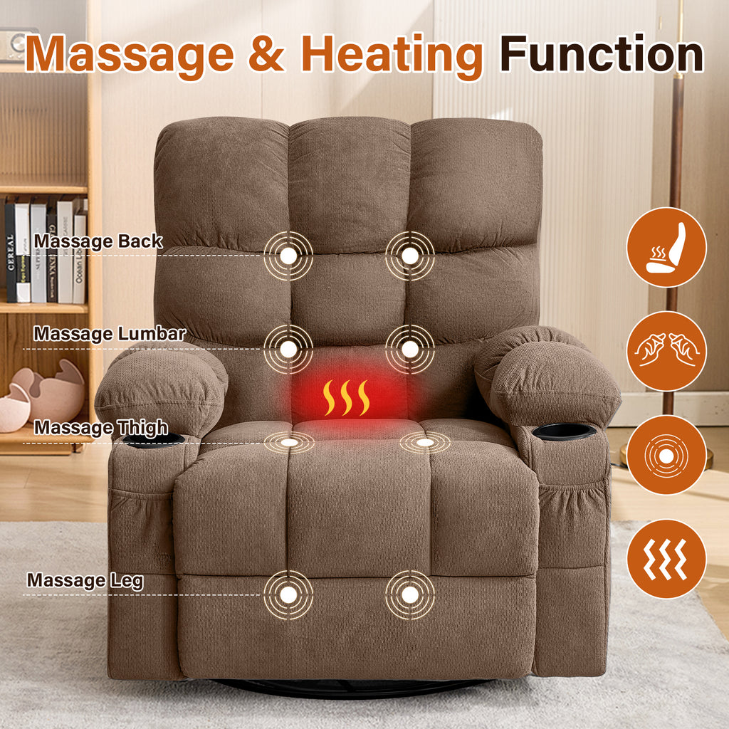 Massage Swivel Recliner Chair with Vibration Massage and Lumbar Heating for Adults,350LBS Oversized Rocker Recliner Single Sofa with Side Pocket,cup holder and USB Charge Port for Living Room