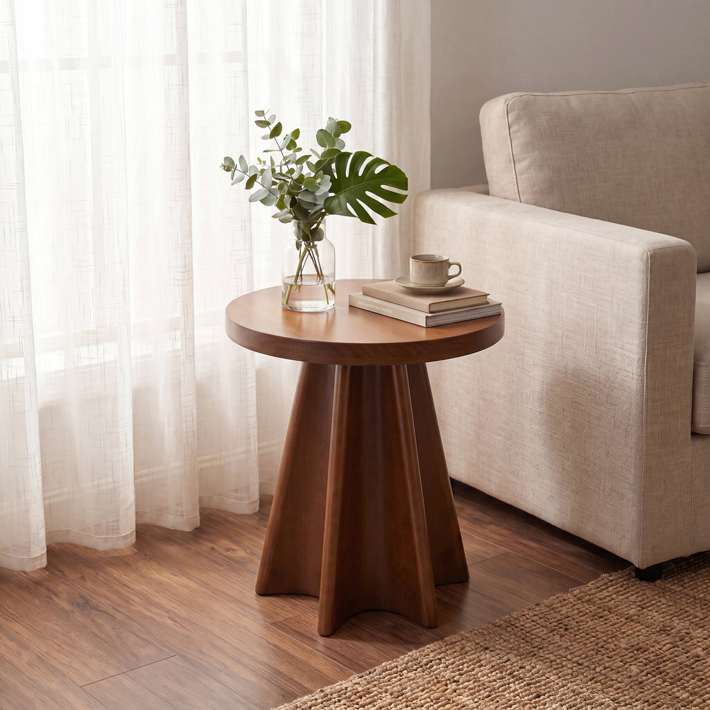 Flower Shaped Solid Pine Round Side Table, Decor Accent End Table for Living Room Bedroom