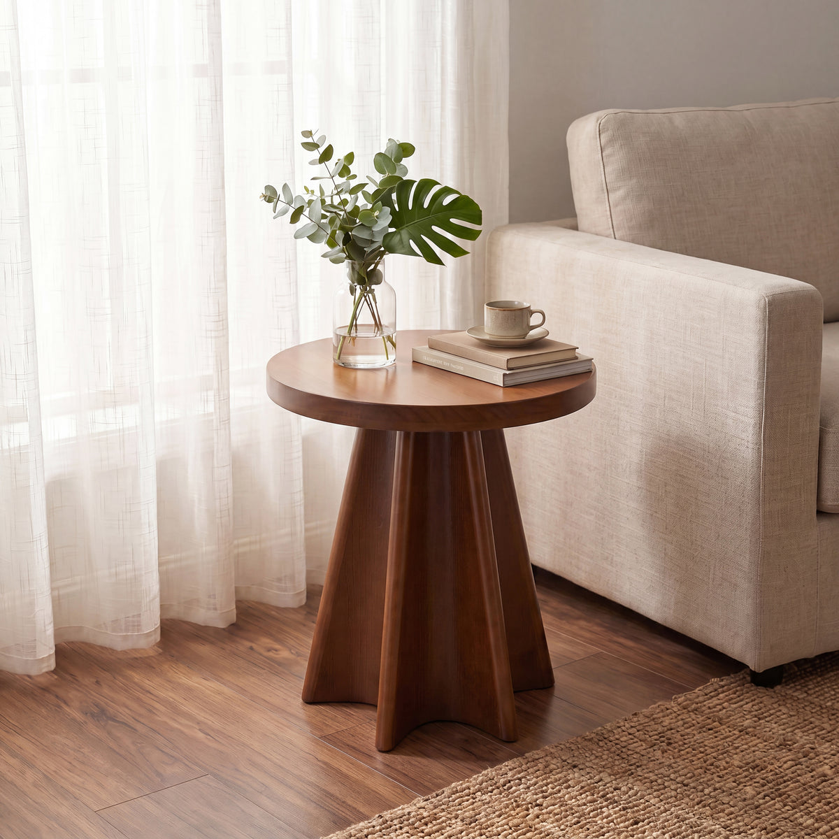 Flower Shaped Solid Pine Round Side Table, Decor Accent End Table for Living Room Bedroom