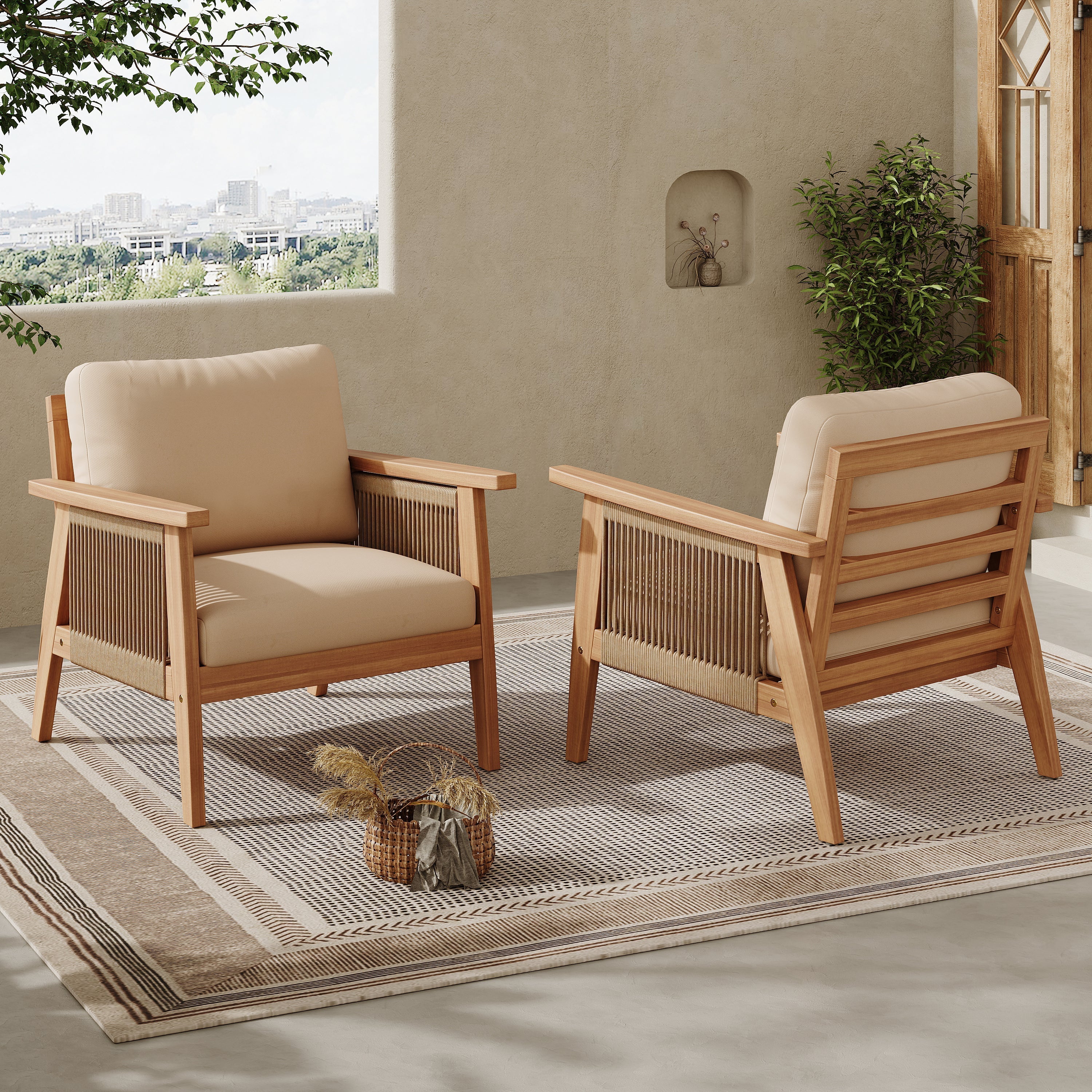 Outdoor Acacia Wood and Rope Patio Chair with Cushions (Set of 2)