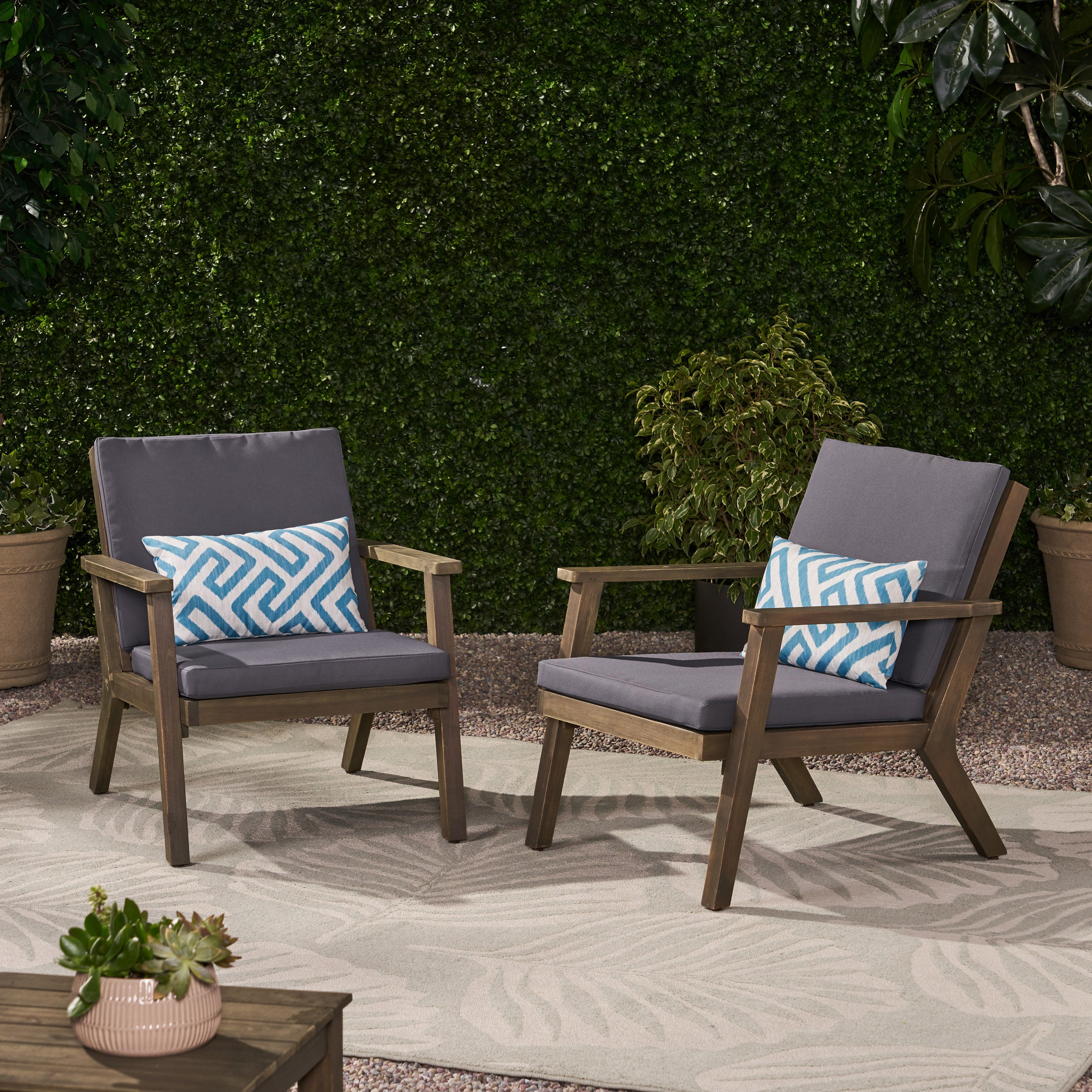 Outdoor Acacia Wood Club Chairs with Cushions (Set of 2)