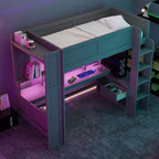 Wood Twin Size Gaming Loft Bed with Desk, Multi-storage Shelves, LED and Charging Station