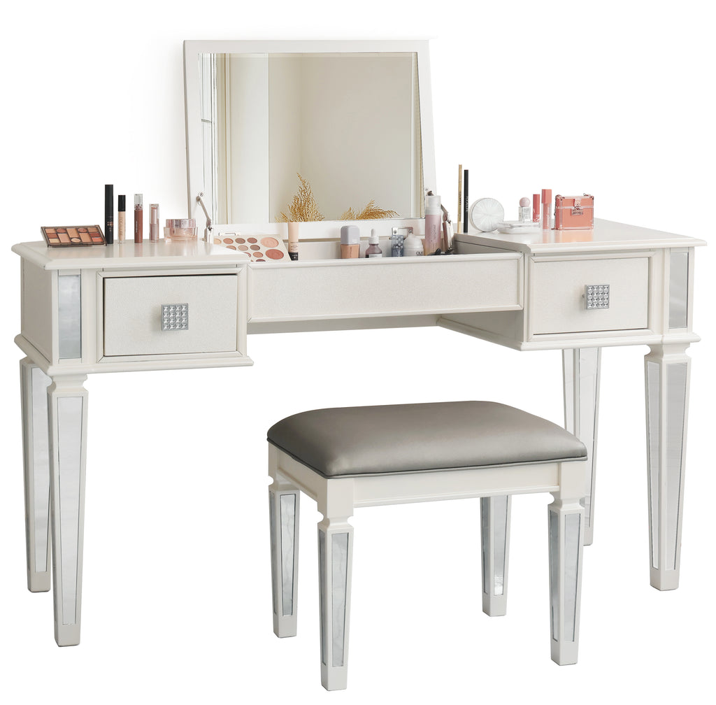 Mirrored Vanities Desk with Drawers, Mirror, and Stool Set
