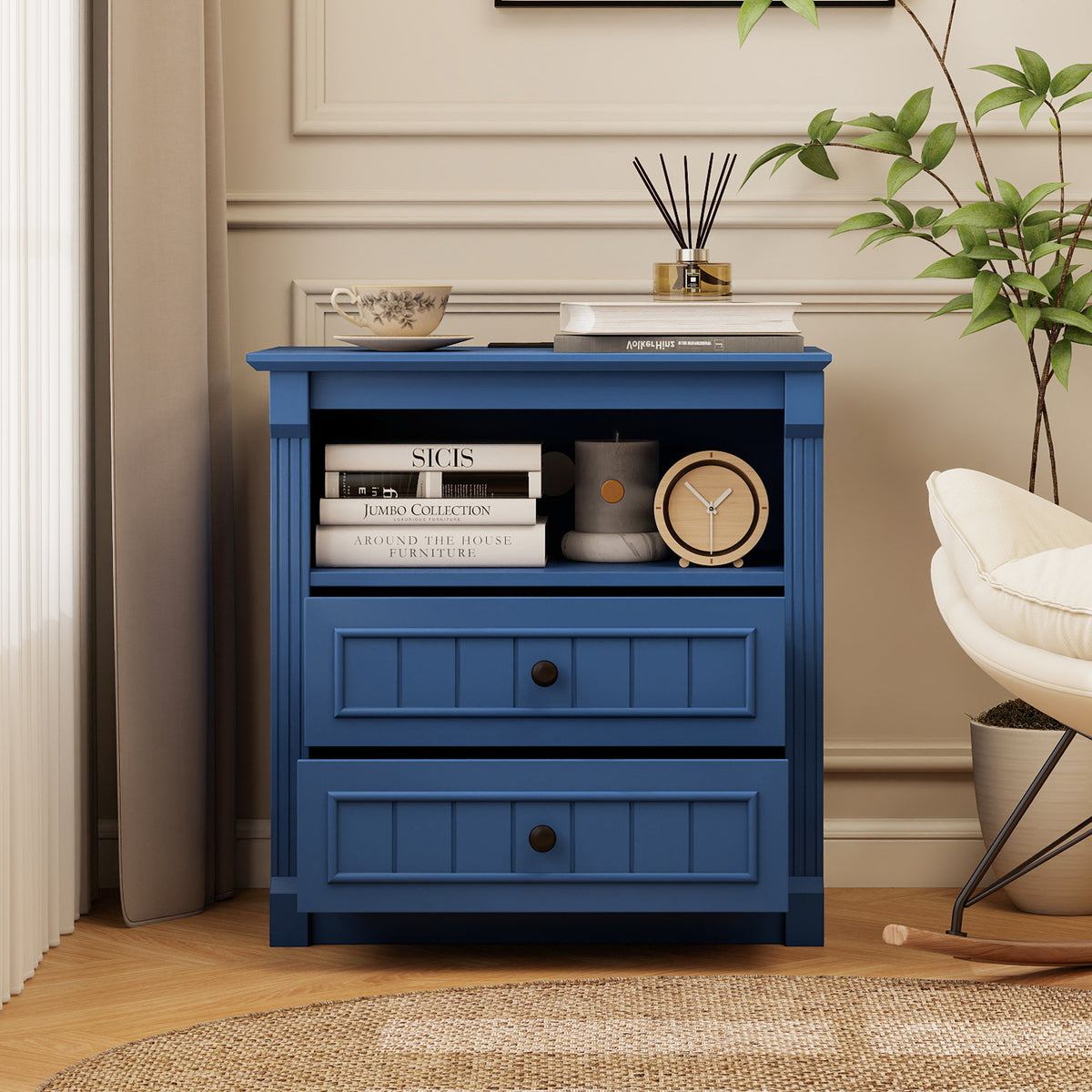 Dusty Nightstand with Charging Station, 2-Drawer, Aged Blue