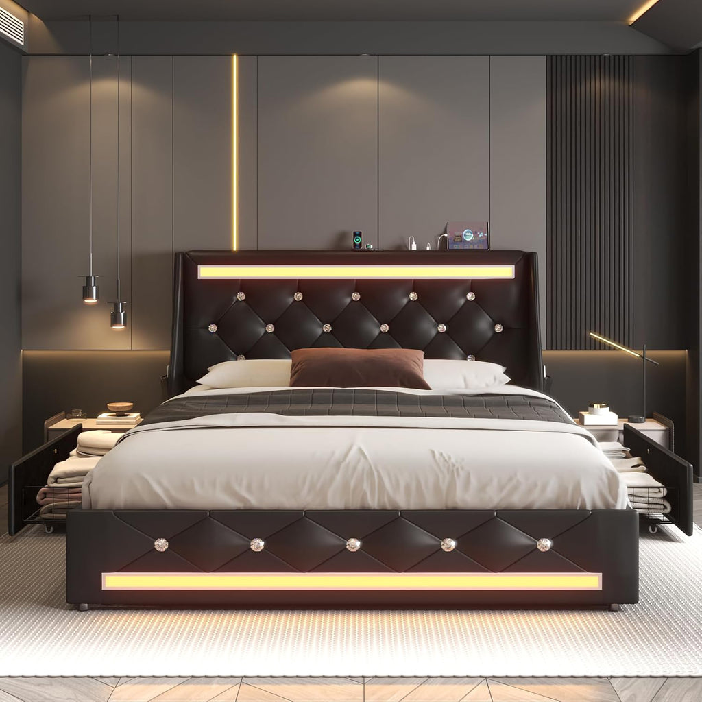Queen Size Bed Frame with Wingback Upholstered Diamond Headboard
