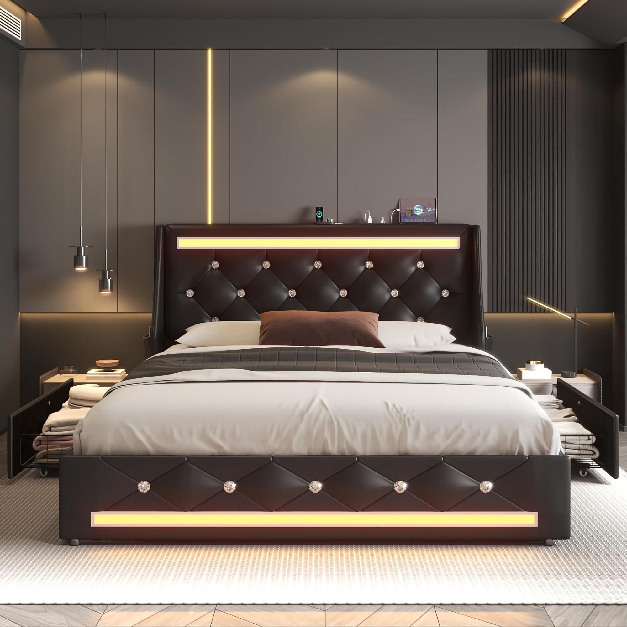 Queen Size Bed Frame with Wingback Upholstered Diamond Headboard