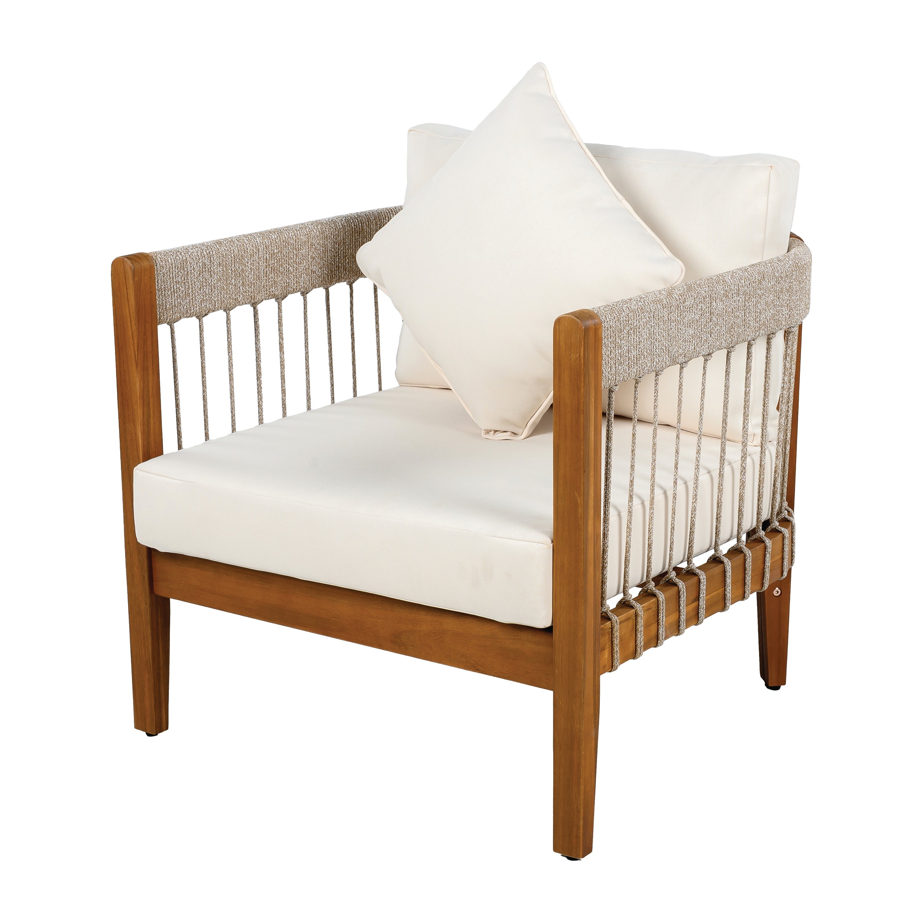 Acacia Wood Outdoor Club Chair with Handwoven Rope Accents & Curved Backrest