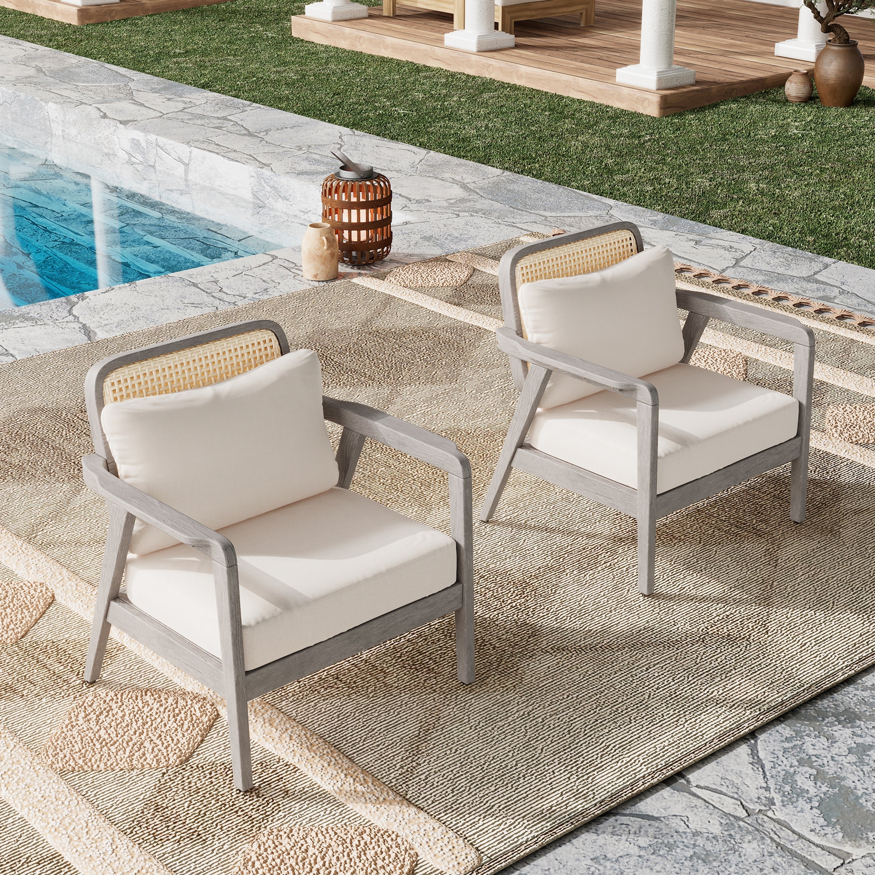 (Set of 2) Outdoor Acacia Wood Patio Club Chairs with Cushions