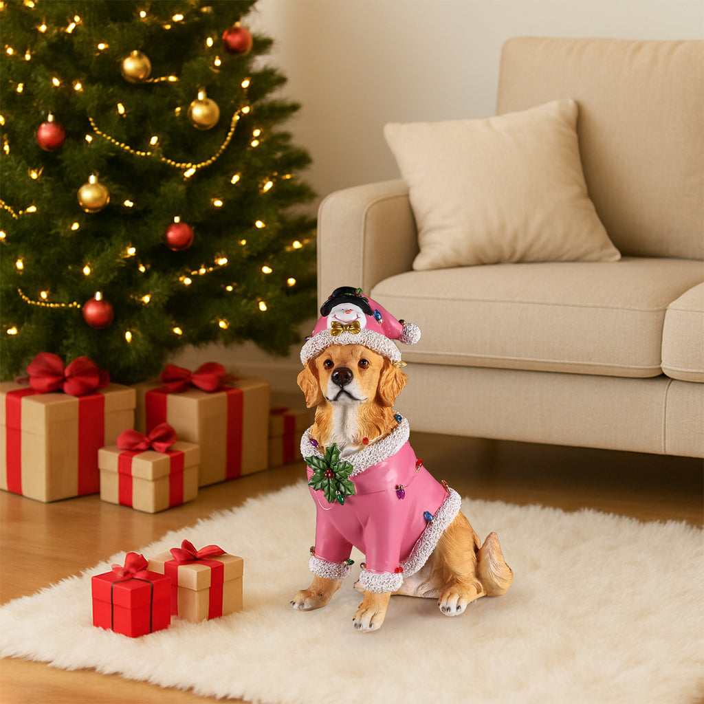 Christmas Golden Retriever Statue, Holiday Dog Figurine