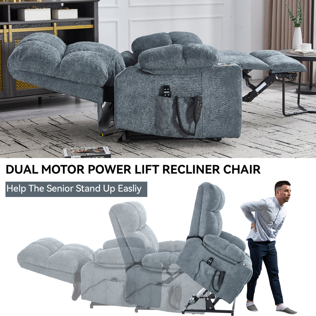 Grey Dual Motor Infinite Position Up to 350 LBS Chenille Power Lift Recliner Chair