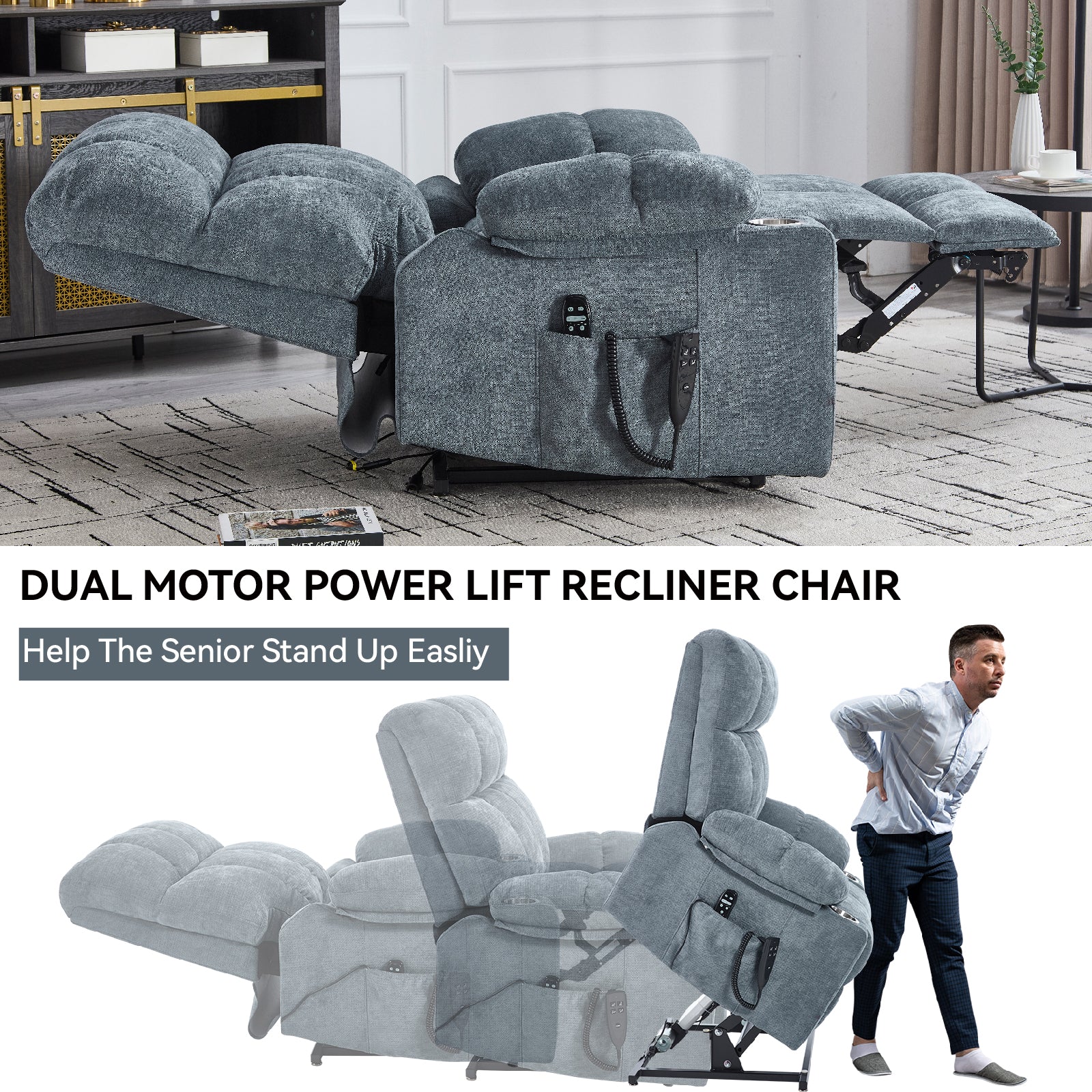 Grey Dual Motor Infinite Position Up to 350 LBS Chenille Power Lift Recliner Chair