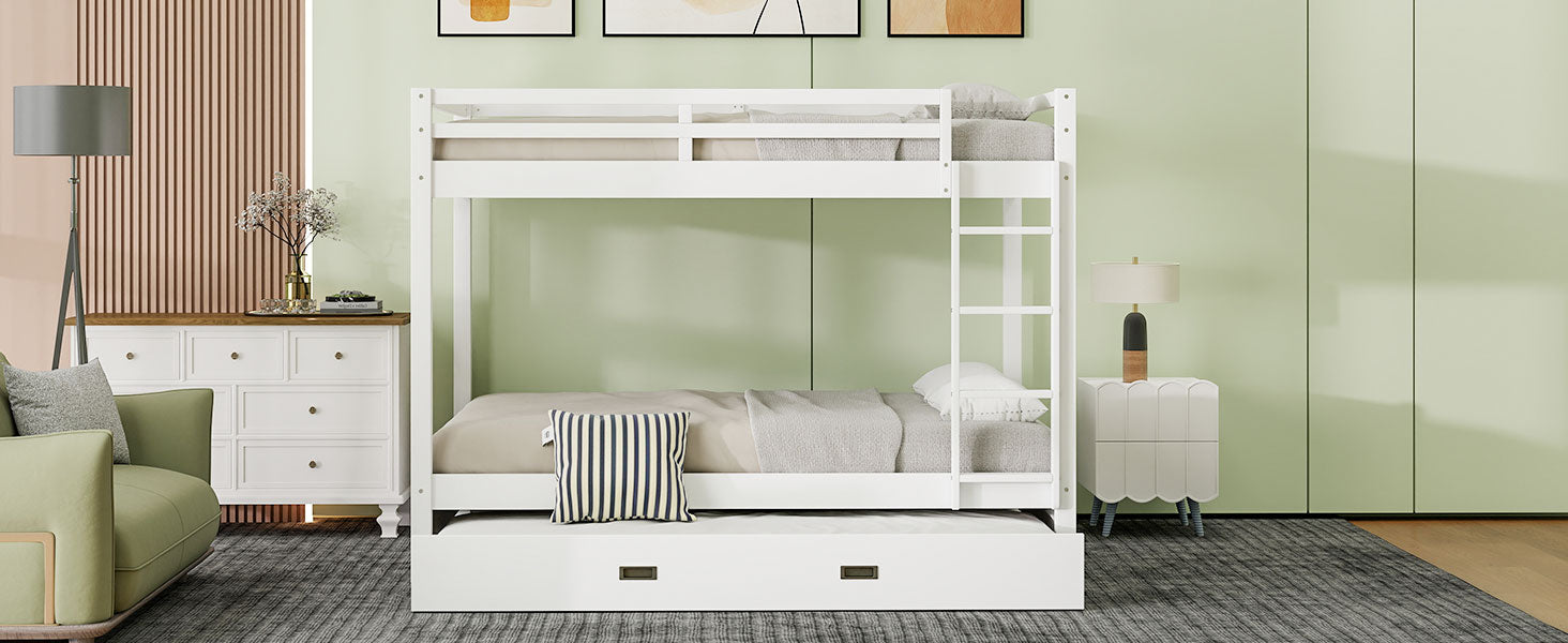 Wood Queen Size Bunk Bed with Ladder and Trundle