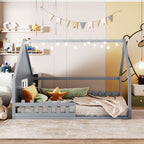 Full Size Wood House Bed with Window and Fence