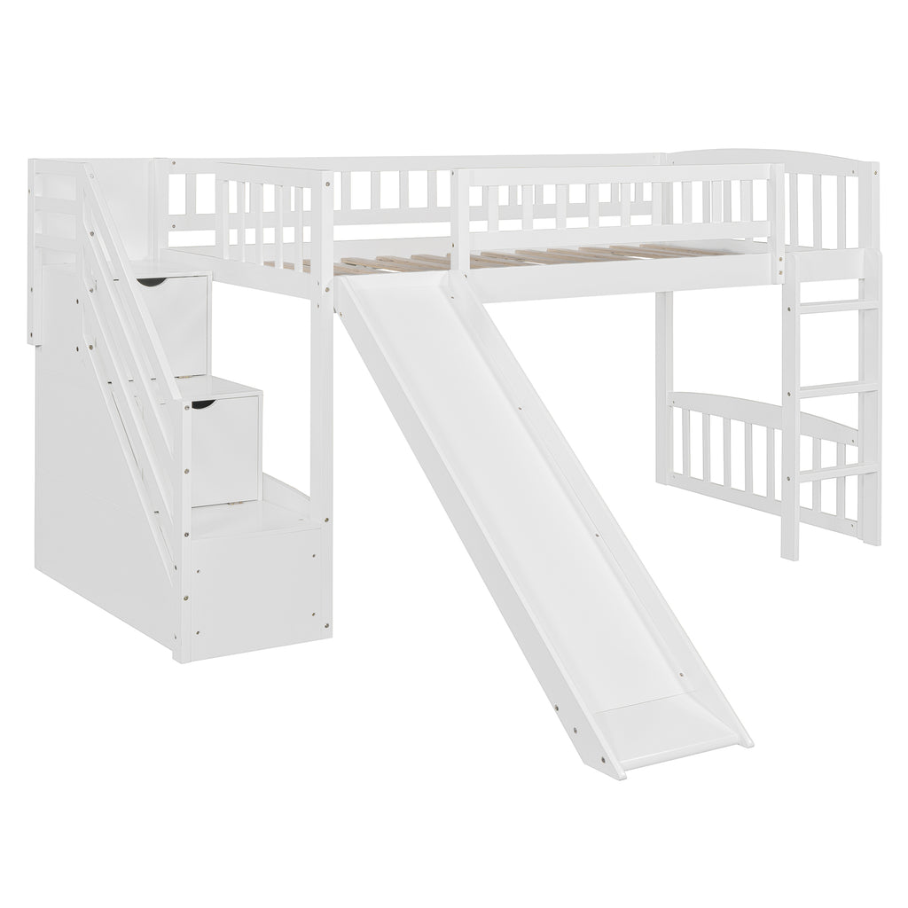 Stairway Twin Size Loft Bed with Two Drawers and Slide, White