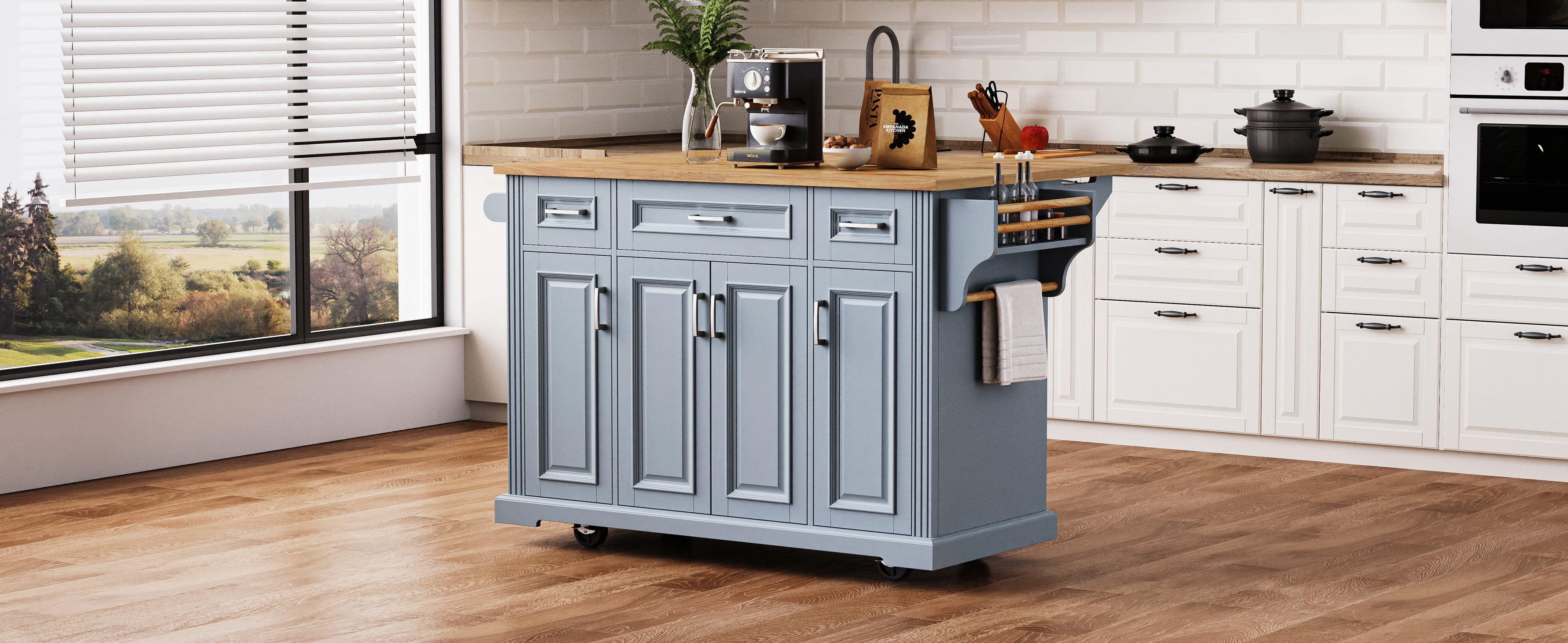 K&K 54-Inch Large Kitchen Island with Rubber Wood Drop Leaf