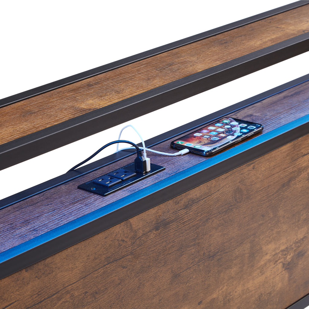 Queen Size Metal Platform Bed Frame with Wooden Headboard