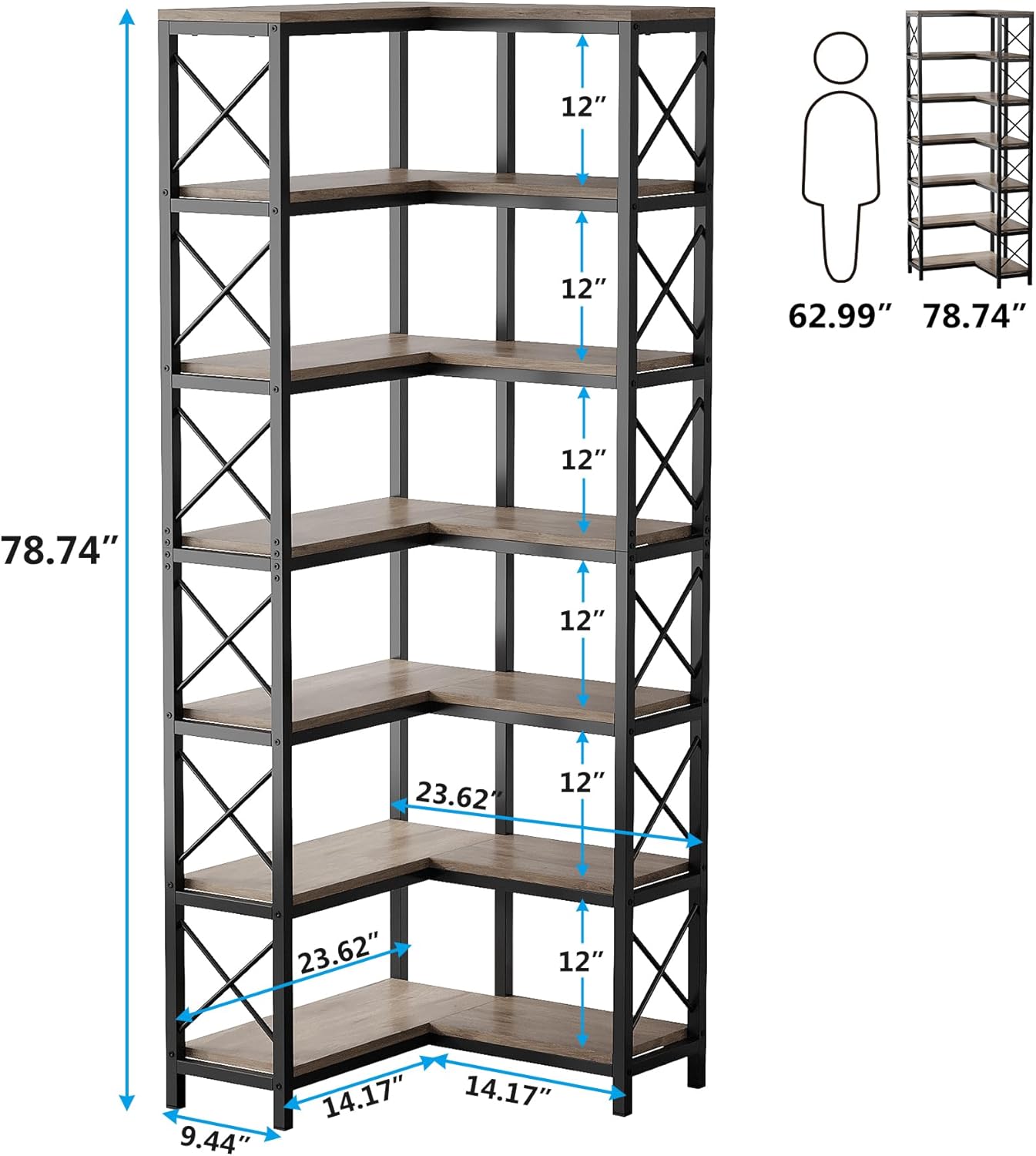 79.53" Tall 7-Tier Large Corner Bookshelf