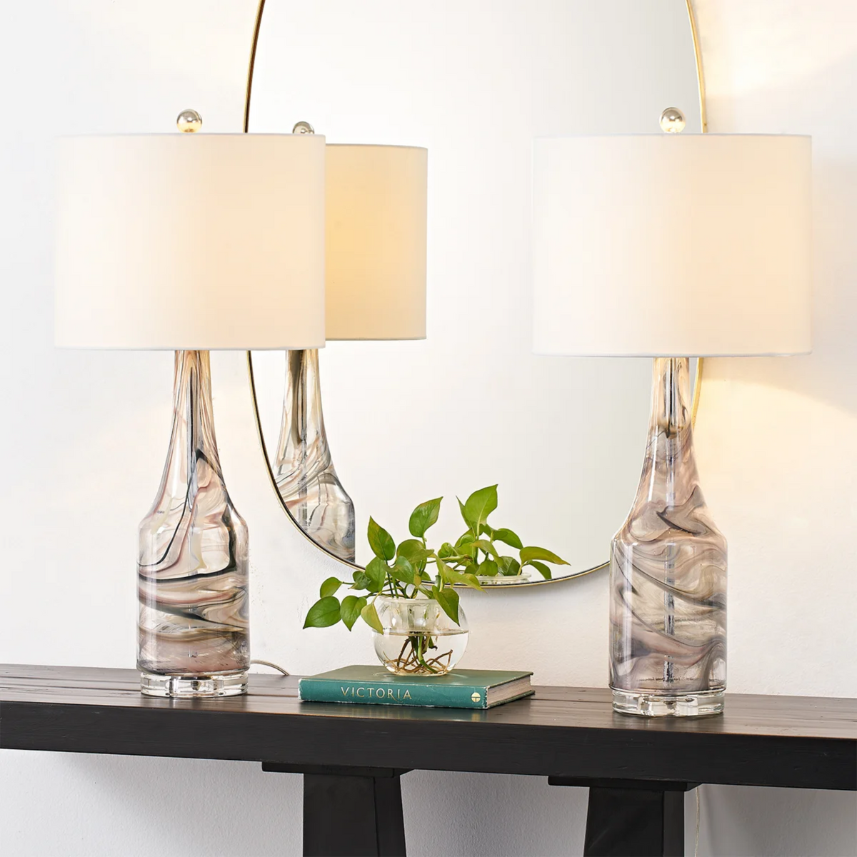 Glass Table Lamp Set of 2, 29-Inch, 3-Way Dimmable, Grey