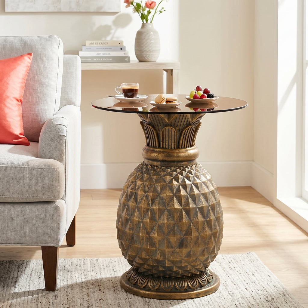 Yellow Pineapple Side Table with Tempered Glass Top, 19.69-Inch