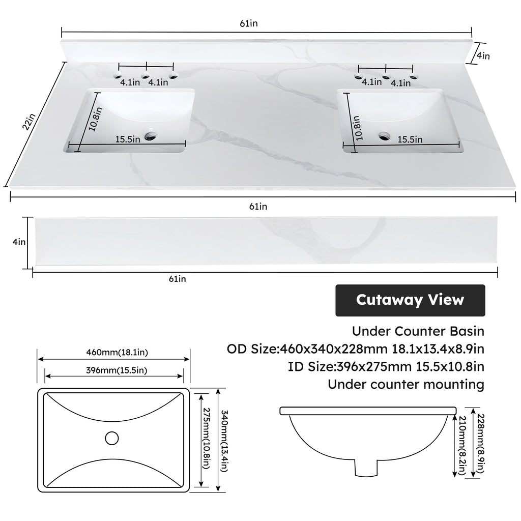 61-Inch Quartz Double Bathroom Vanity Top