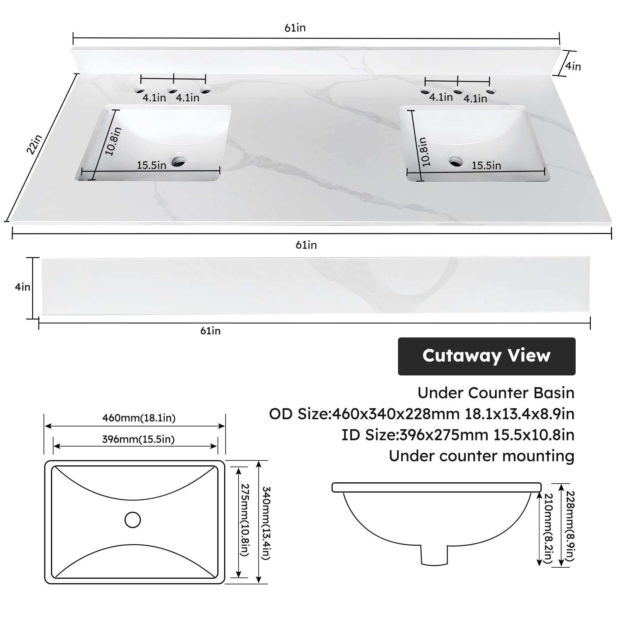 61-Inch Quartz Double Bathroom Vanity Top