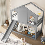 Twin House Bunk Bed with Slide and Storage Shelves