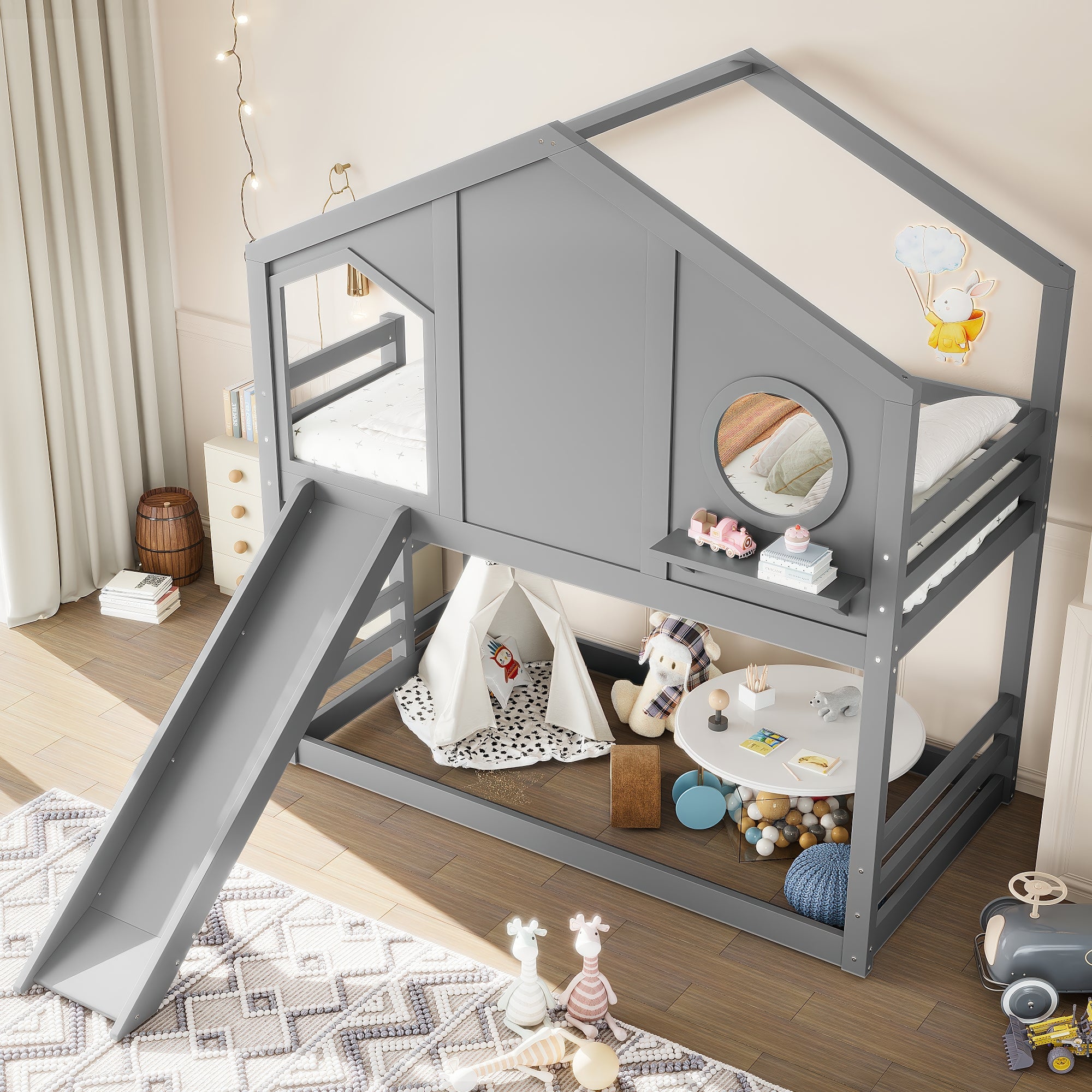 Twin House Bunk Bed with Slide and Storage Shelves