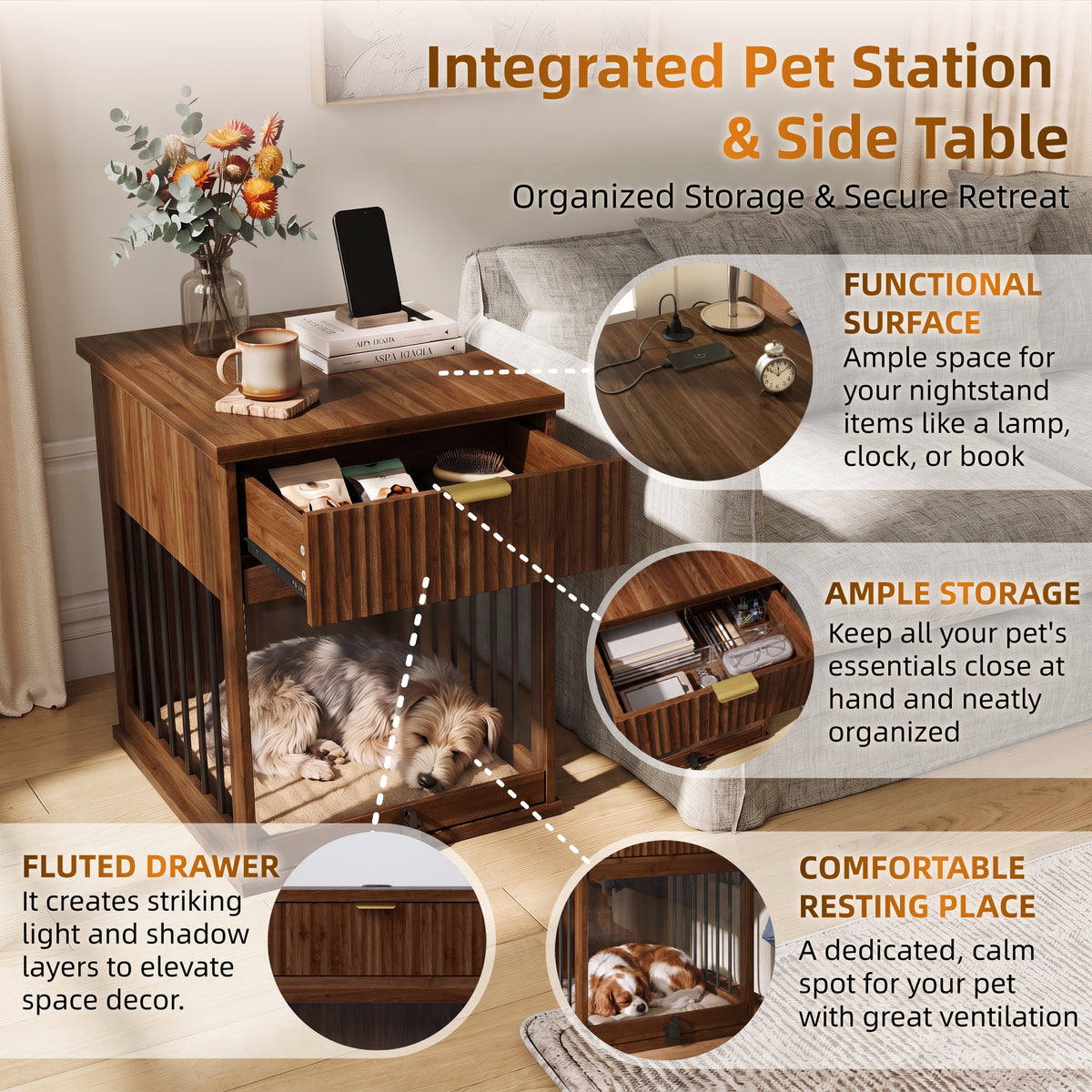 Dog Crate End Table with Charging Station