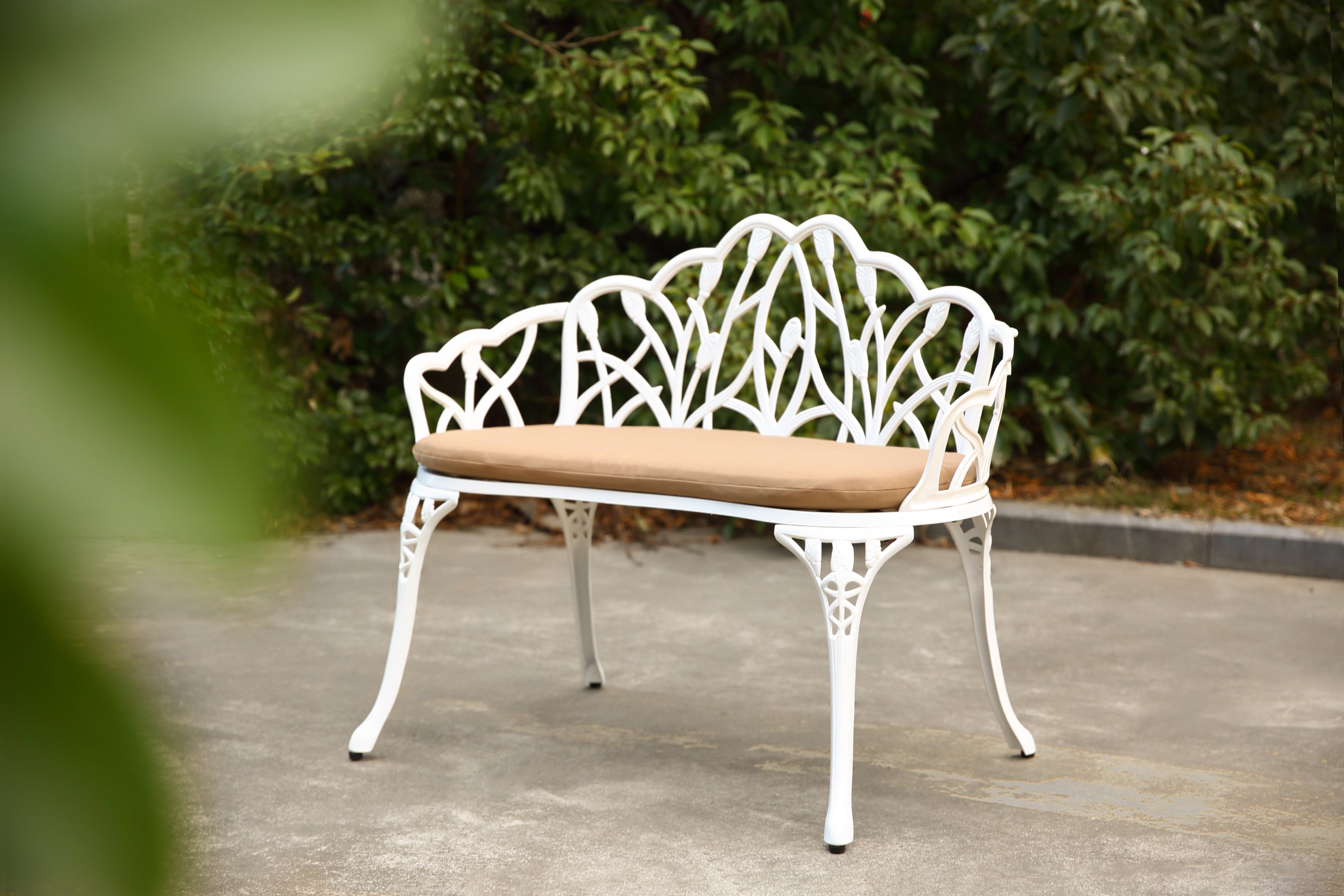Tulip Patio Garden Bench - Cast Aluminum with Floral Backrest