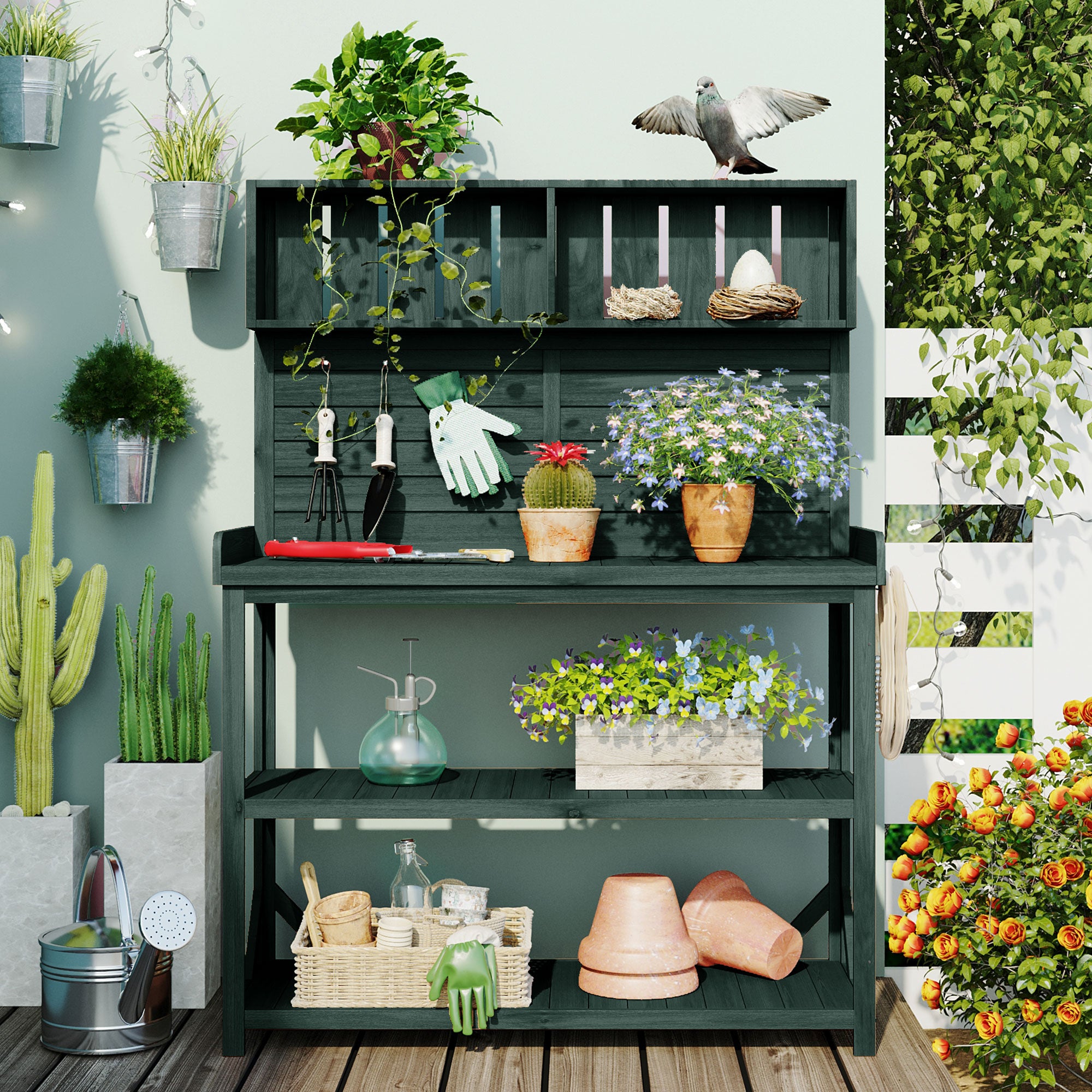 TOPMAX 65" Large Wooden Farmhouse Rustic Outdoor Potting Bench
