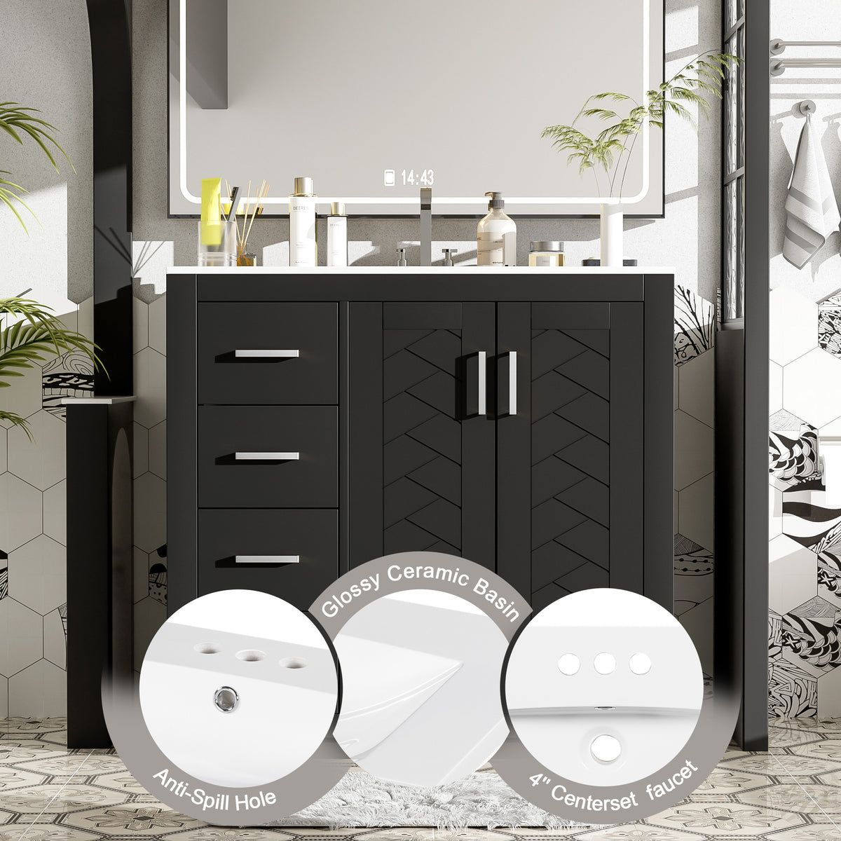 36'' Bathroom Vanity with Ceramic Sink Combo, Solid Wood Frame