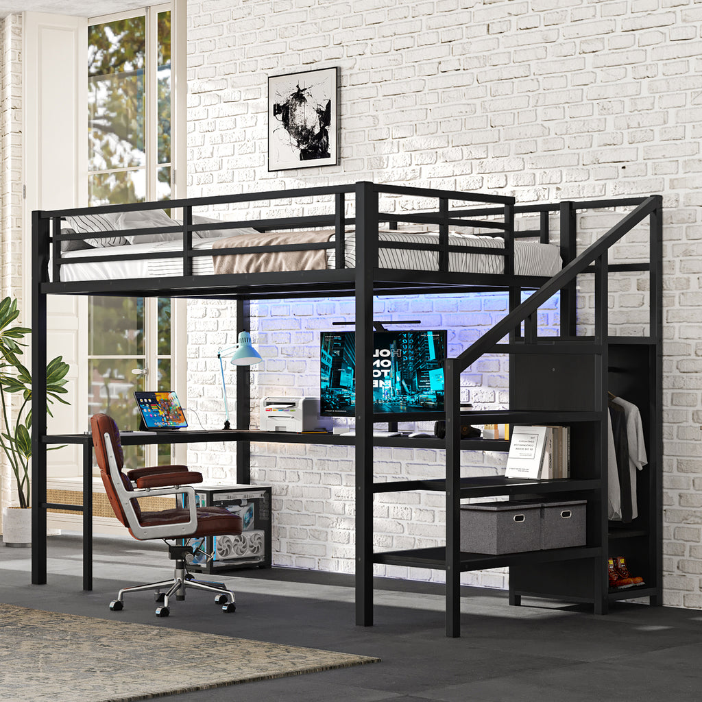 Full Size Loft Bed with L-Shaped Desk and USB