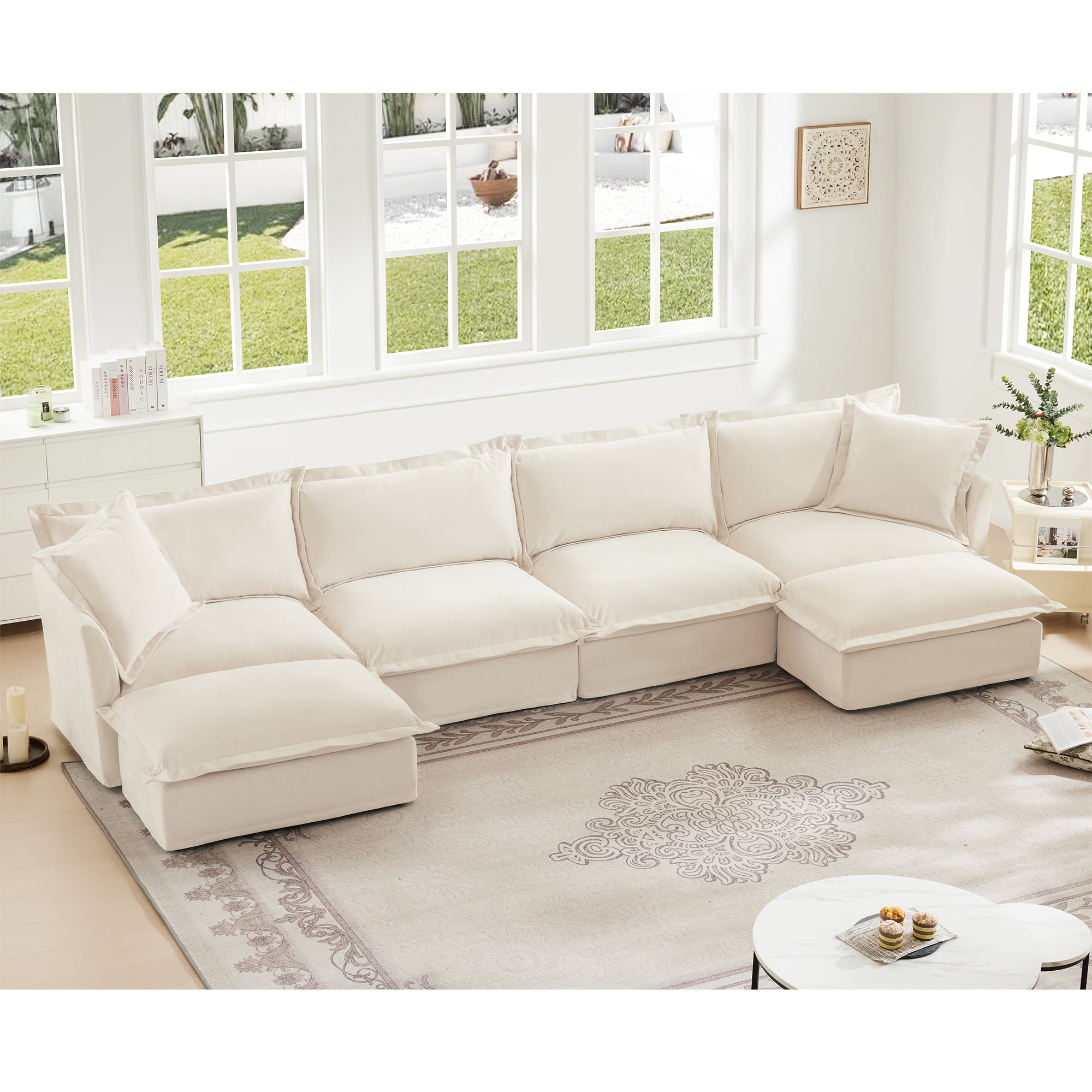 Slipcovered U Shape Sectional Wide and Deep Seat Sofa Couch