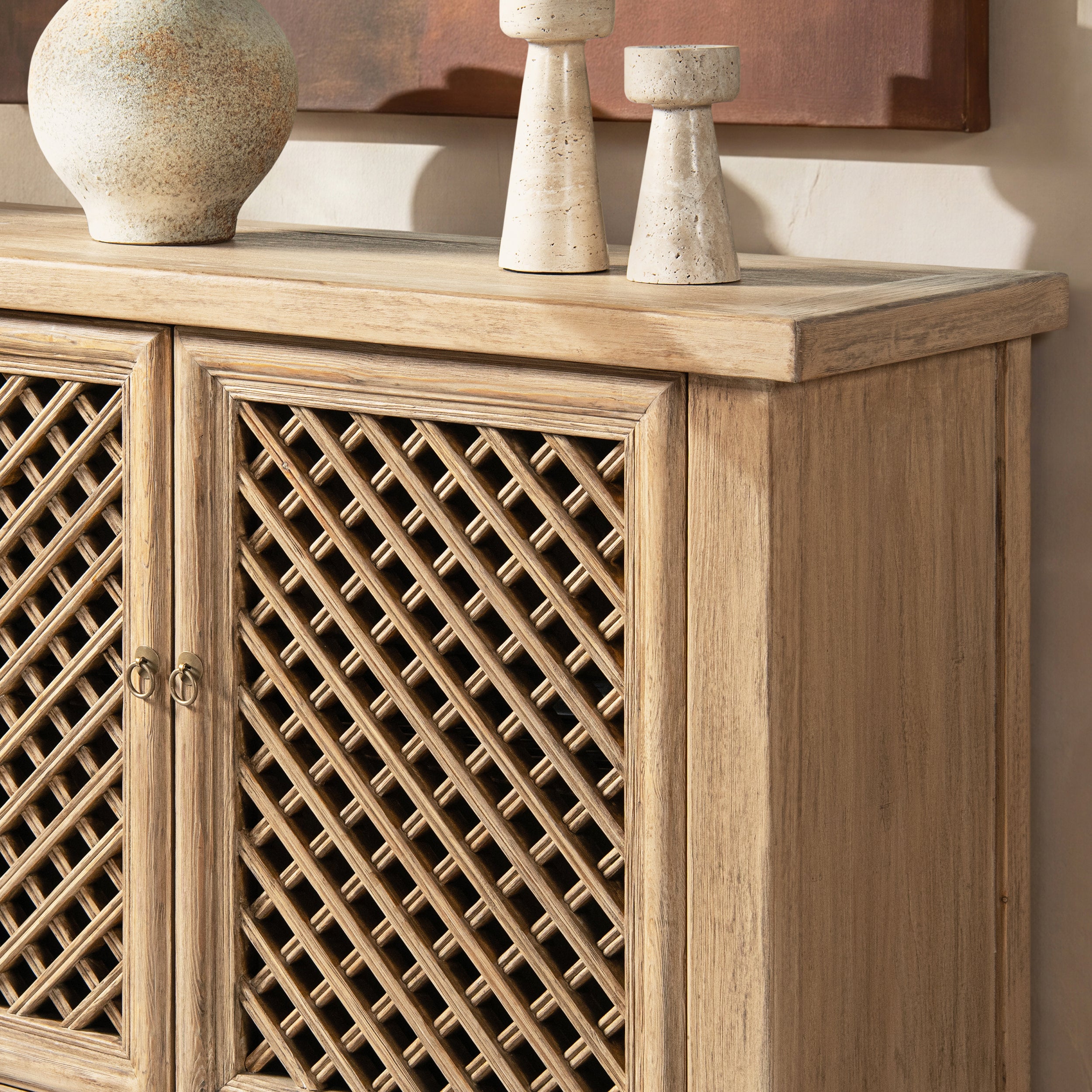Arden 51" Solid Reclaimed Pine Lattice 2-Door Accent Storage Cabinet