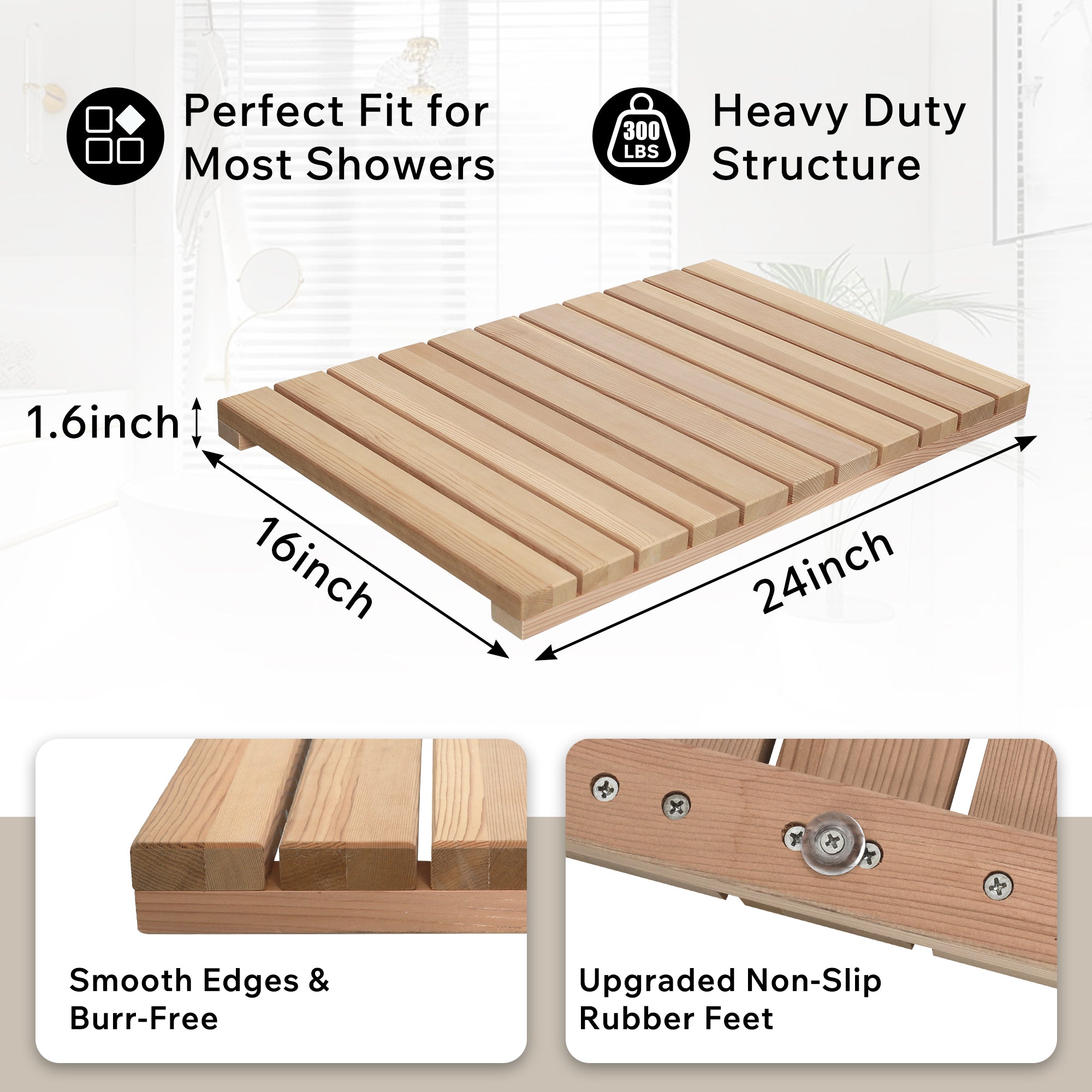 Cedar Wood Shower Mat - Non-Slip Slatted Wooden Bath Mat