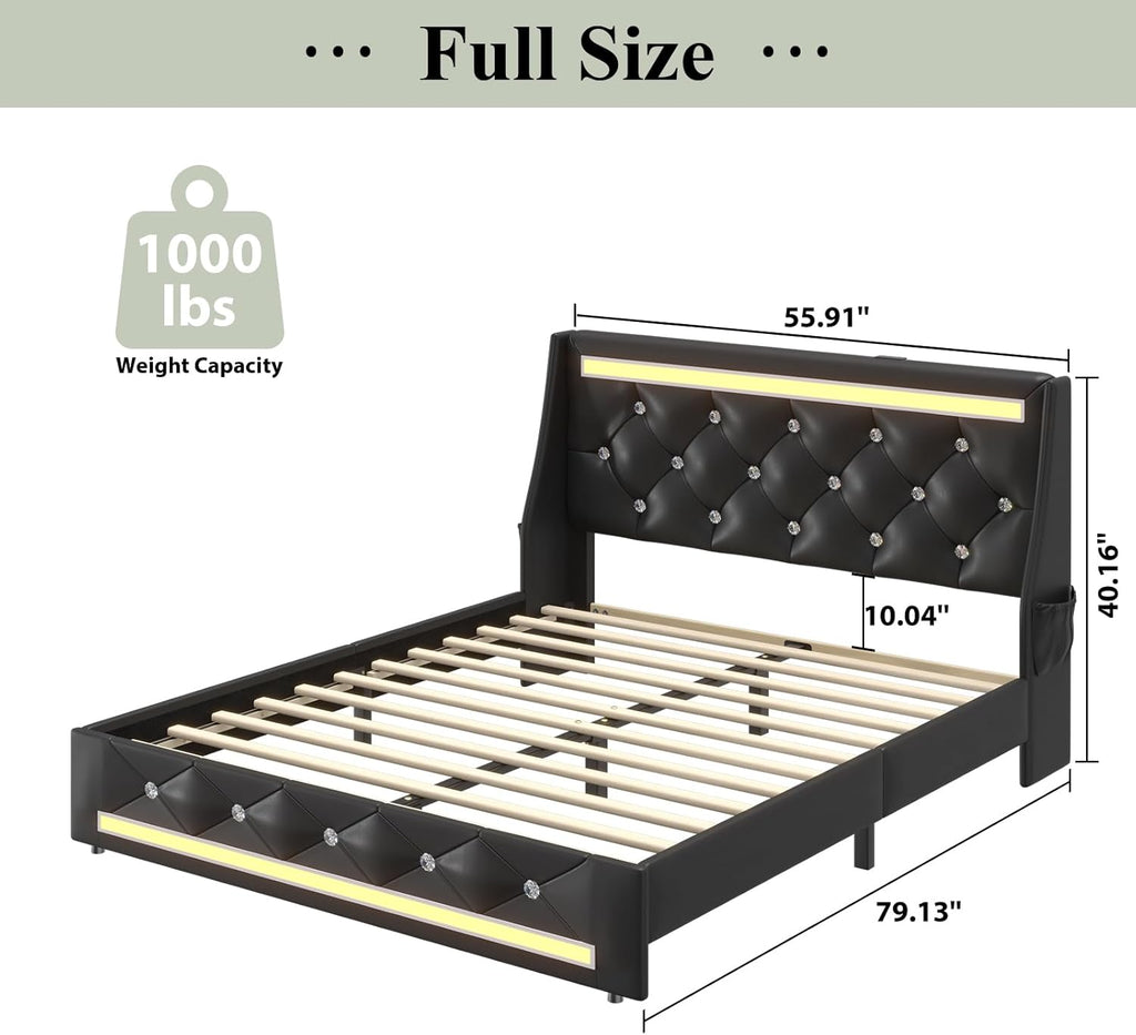 Full Size Bed Frame with LED Lights & Charging Station