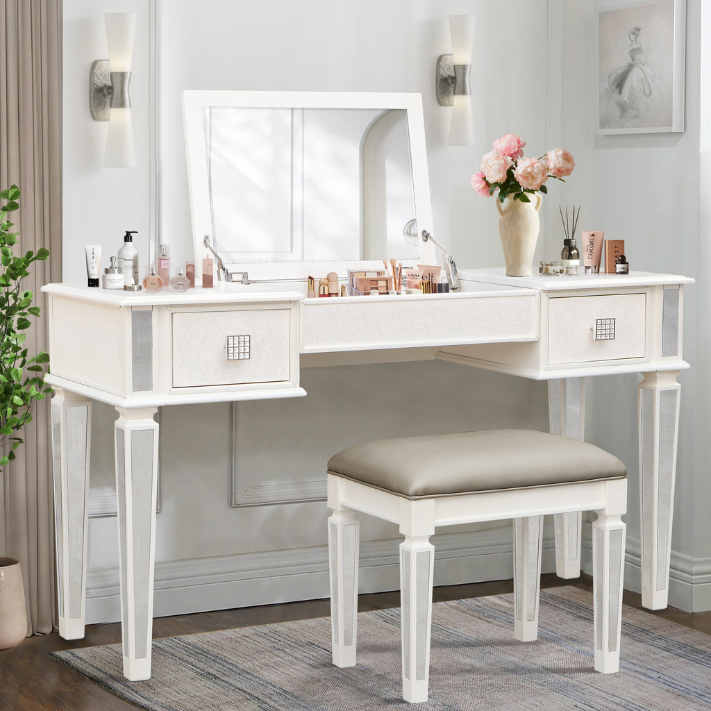 Mirrored Vanities Desk with Drawers, Mirror, and Stool Set