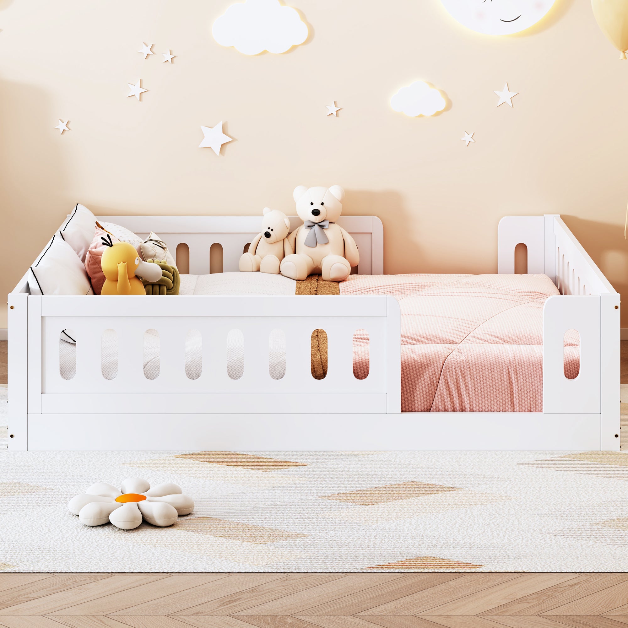 Wood Full Size Platform Bed with Guardrail