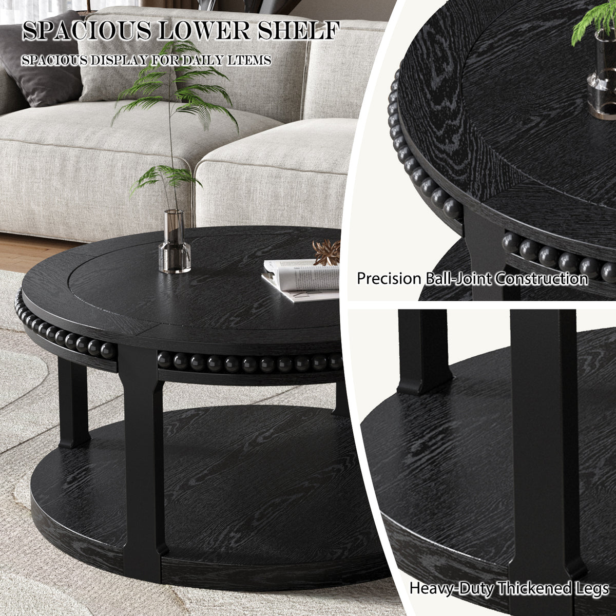 31.5-Inch Round Solid Wood Coffee Table, Two-Tier Open Storage, Black
