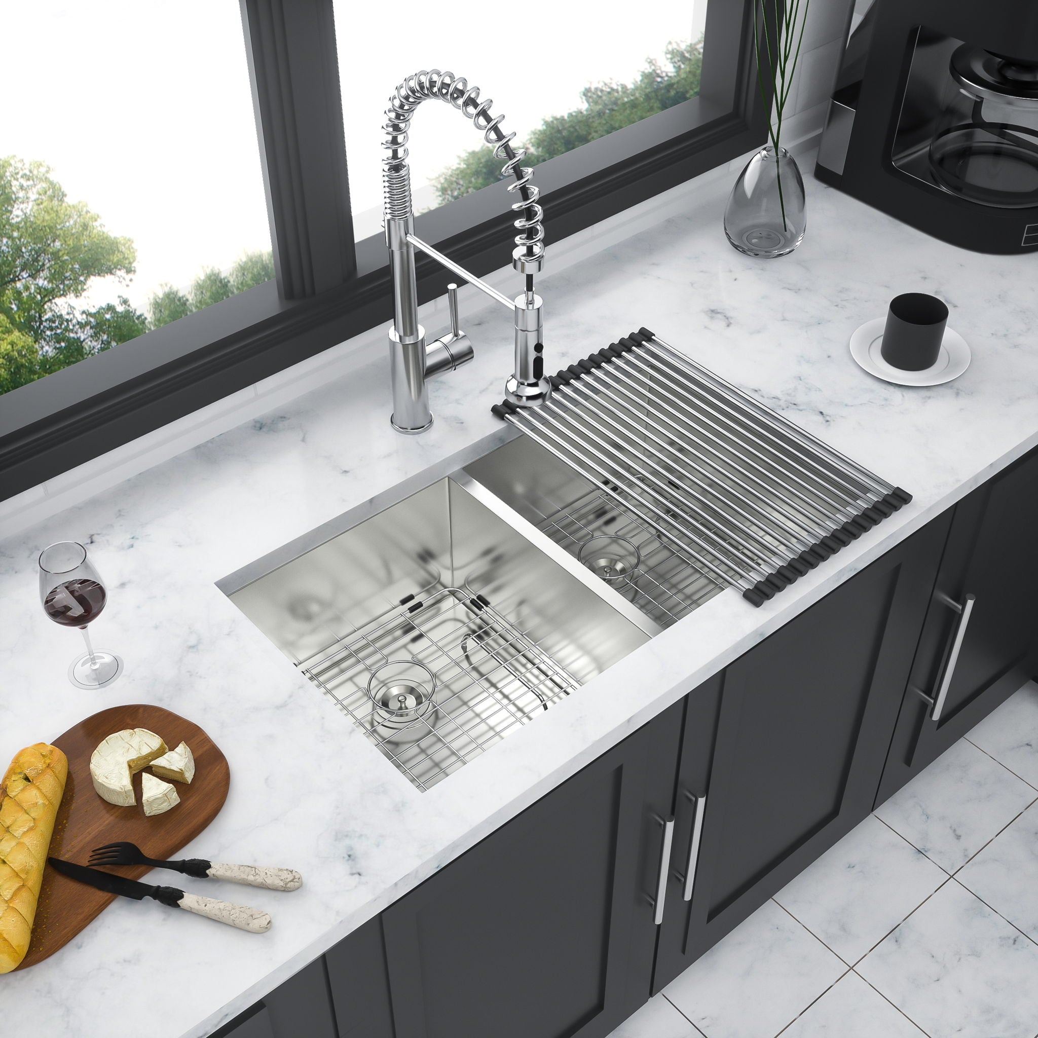 16 Gauge Undermount Double Bowl Kitchen Sink With 9" Deep Bowls - Brushed Nickel