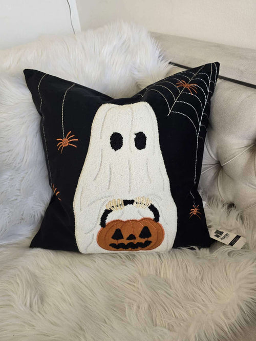 Halloween Ghost with Pumpkin Bucket Throw Pillow