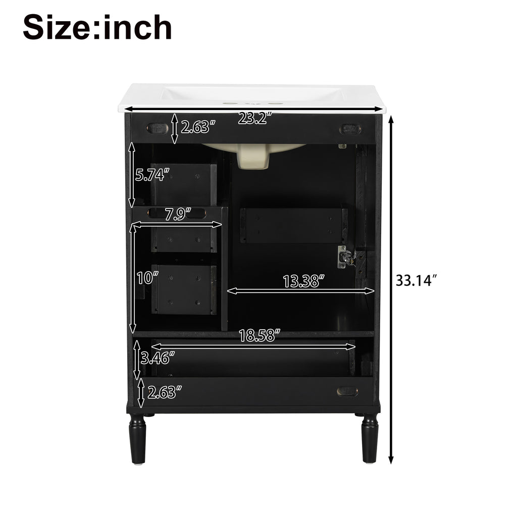 24" Modern Bathroom Vanity with Ceramic Sink, Soft-Close Door, 3 Drawers
