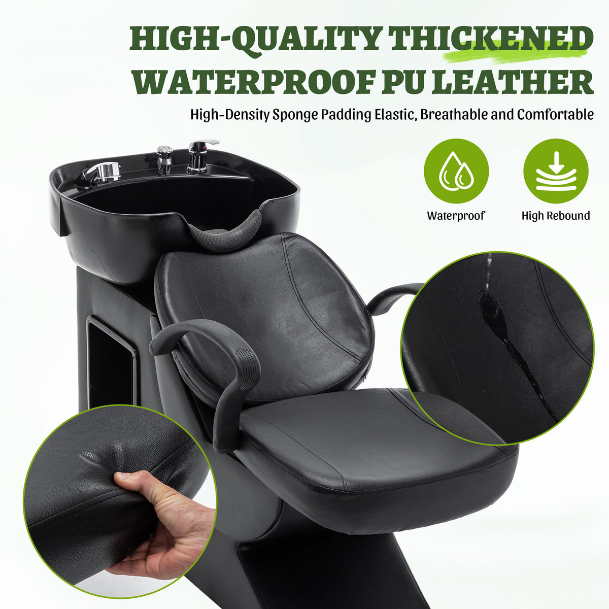 Shampoo Bowl and Chair Set for Salon, Hair Washing Station with ABS Sink & PU Leather Chair, Ergonomic Chair with Neck Rest, Side Storage, Hot/Cold Faucet & Sprayer for Spa Barbershop Beauty