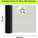 Black Hardware Cloth 5 ft × 100 ft, 19 Gauge 1/2 inch